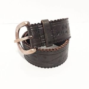 Express Wide Embossed Black Leather Belt, size Medium Large, VGUC! Cowgirl Boho